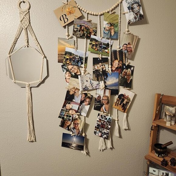 NEW  Macrame Hanging Photo Display Wall Decor with String Lights - Picture 2 of 8